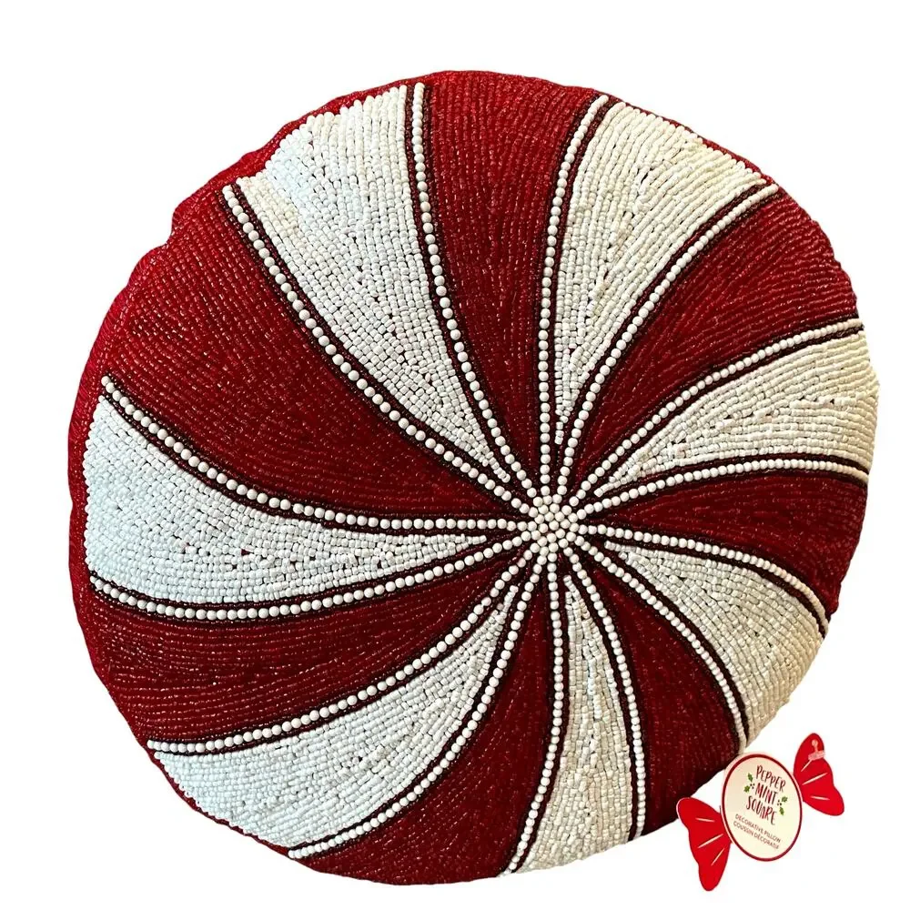 Beaded Christmas Peppermint Candy Pillow 15in Holiday Decor by Peppermint Square